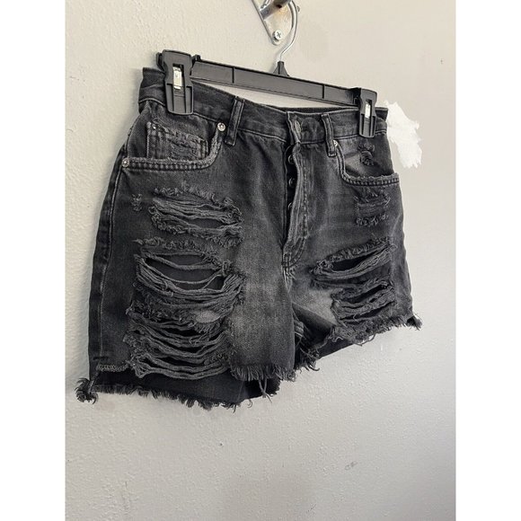 We The Free Distressed High Waist Denim Shorts Women 25 Black Wash Button Fly - Picture 3 of 15